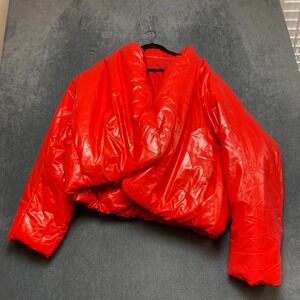 Yeezy Round Puffer Jacket Womens Medium Red Cotton Long Sleeve Cozy Open Front